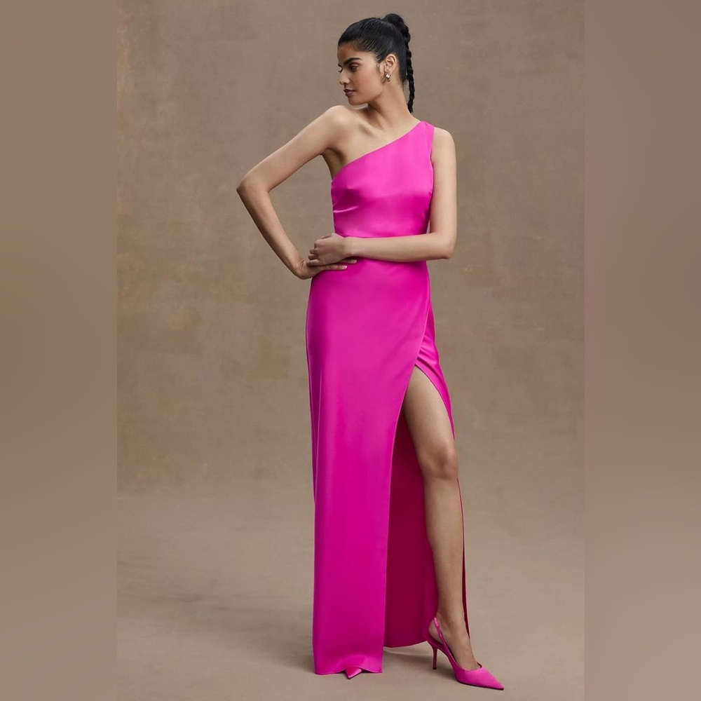 Anthropologie BHLDN Dylan One-Shoulder Satin Side-Slit Gown